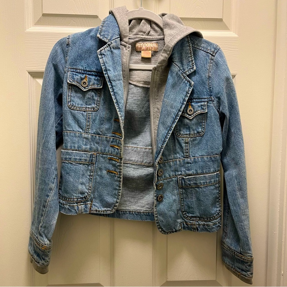 Personal Identity Jean Jacket with Attached Inner Gray Sweatshirt Hoodie